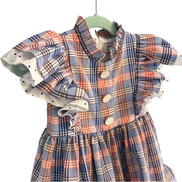 Toddler Girls Plaid Ruffle Spanish Dress With Button Front & Short Sleeves 24 Mo - Picture 5 of 6